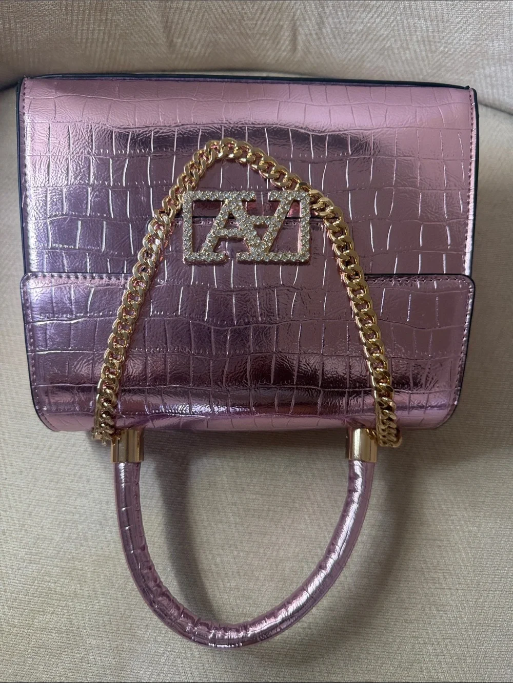 Source Unknown Metallic Pink Croc-Embossed Top Handle Satchel with Gold Chain